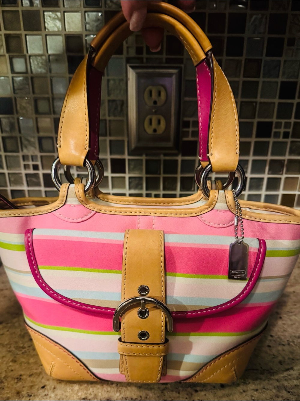 Coach Pink and Tan Striped Satchel